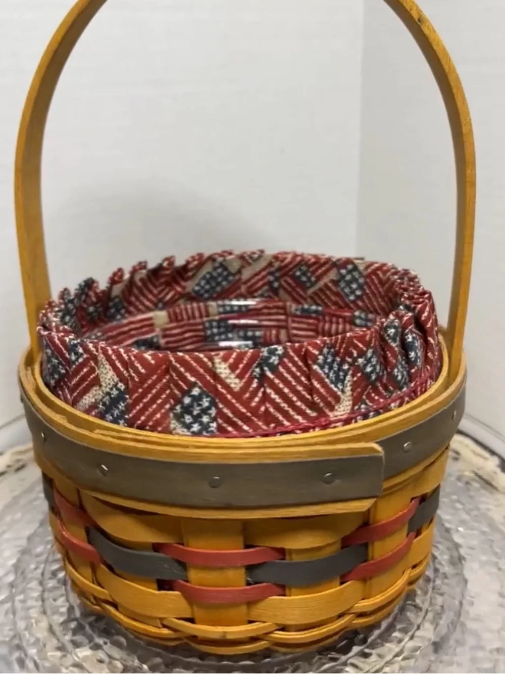 RARE 1997 yr Longaberger Inaugural Basket, Patriotic Liner, Protector & Tie-On